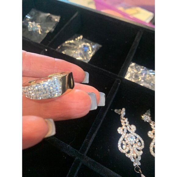 Gold-Tone Hoop Earrings With Clear Rhinestones & Clip Closure - Picture 2 of 4